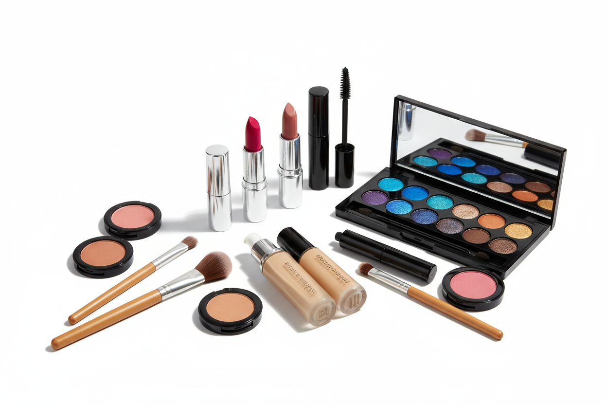 makeup products on white background