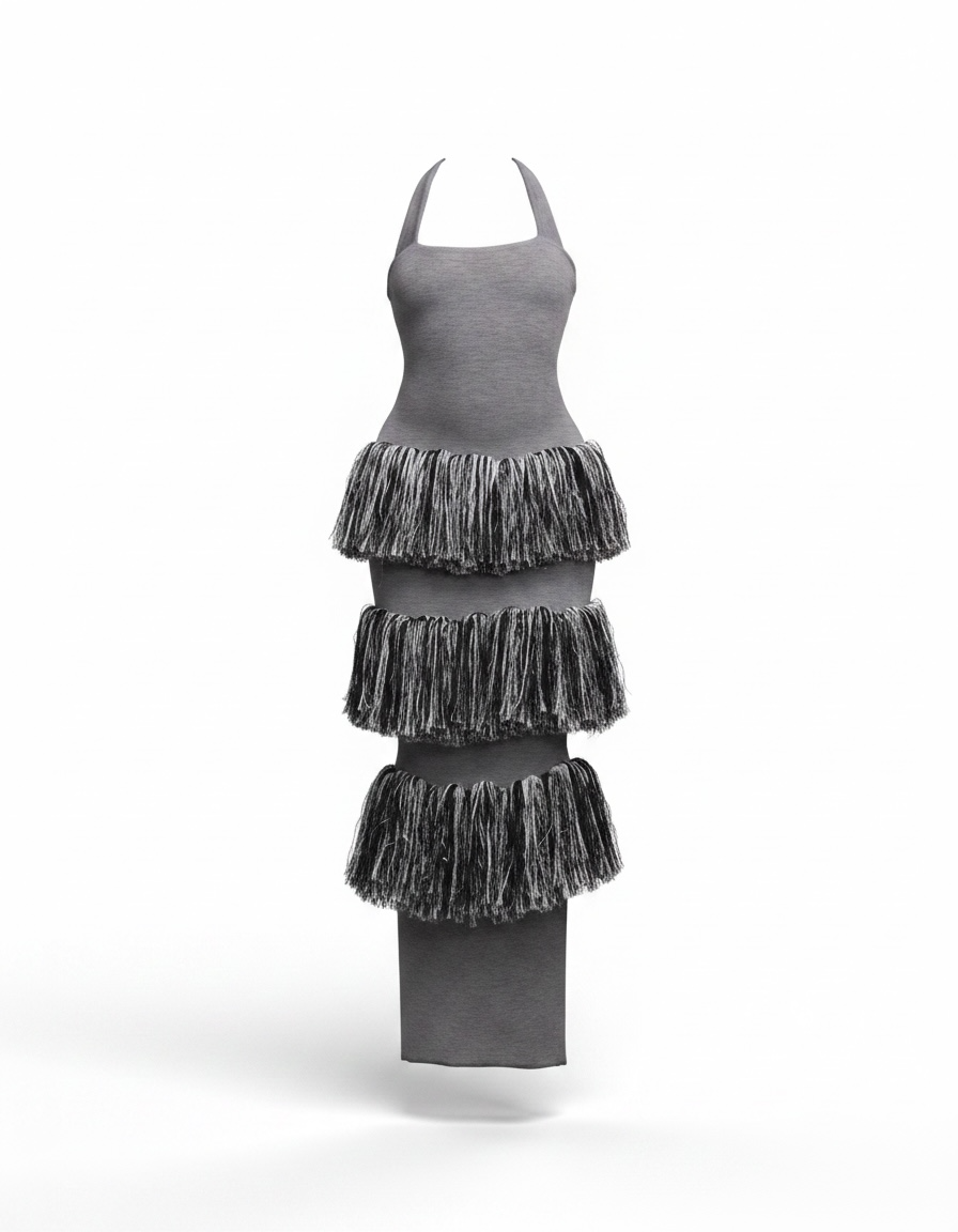 Gray dress with tiered ruffled skirt on a white background