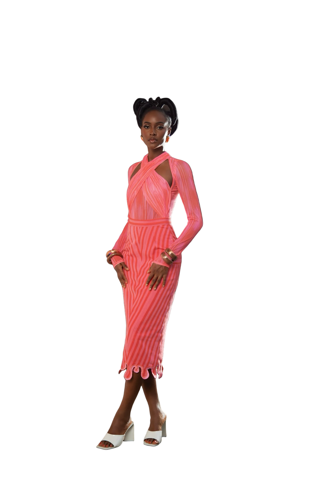 Woman wearing a pink dress with a white background
