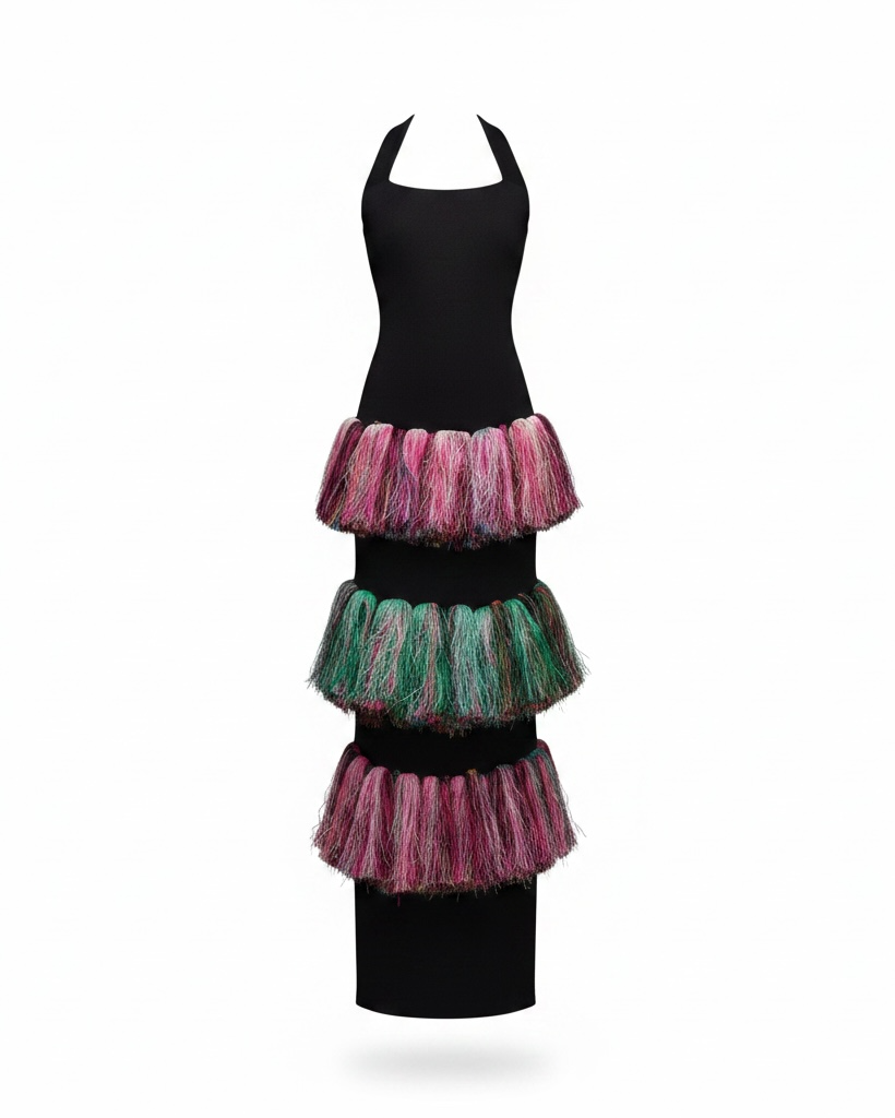 Black dress with colorful layered skirt on a white background