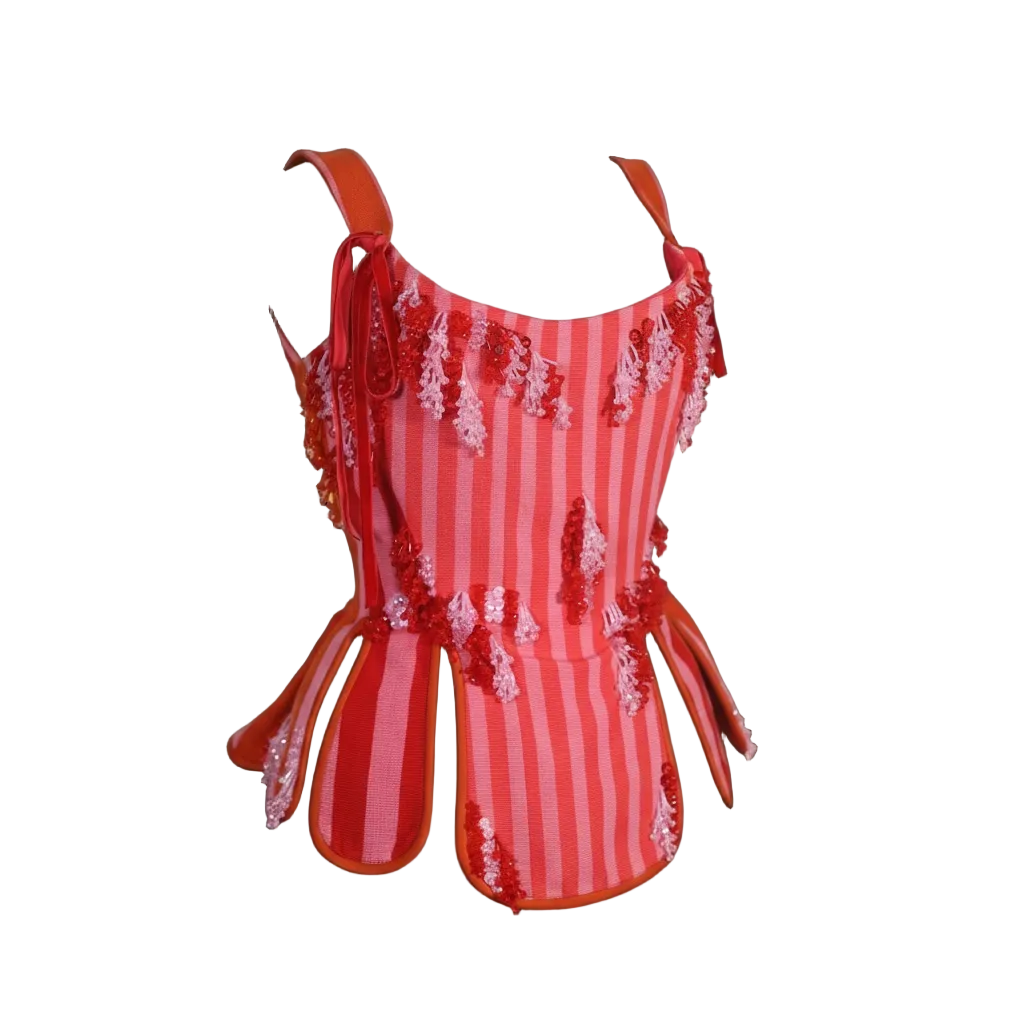 Red and white striped romper with floral embellishments on a transparent background