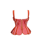 Red and white striped corset with orange straps on a white background