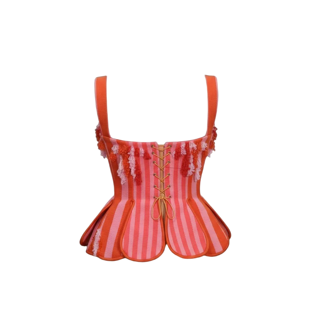 Red and white striped corset with orange straps on a white background