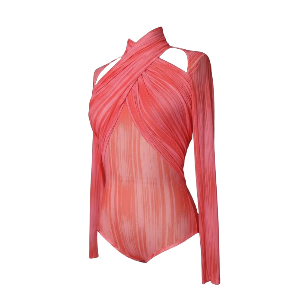 Pink long-sleeve top with a unique design on a white background